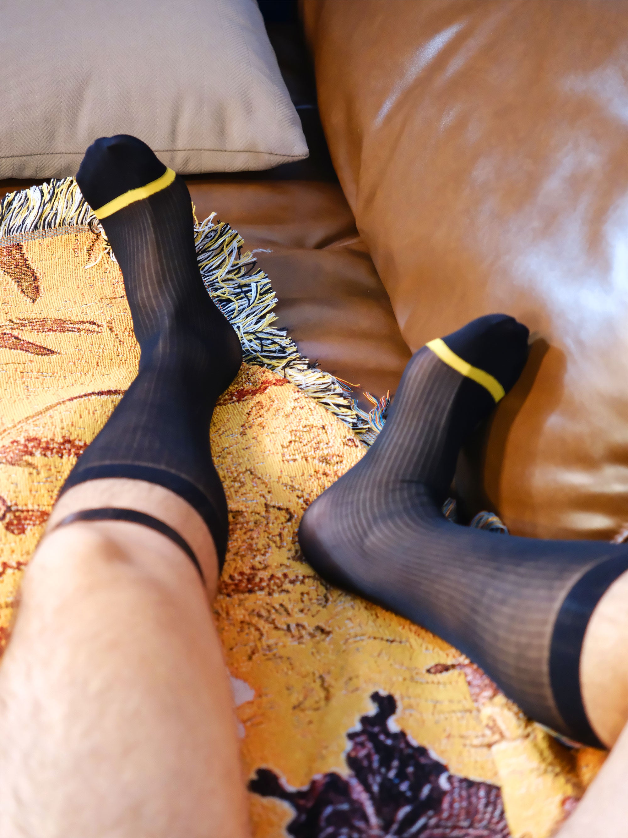 Gold Reinforced Toe Sheer Striped Men’s Nylon Socks – Breathable Silky Fit