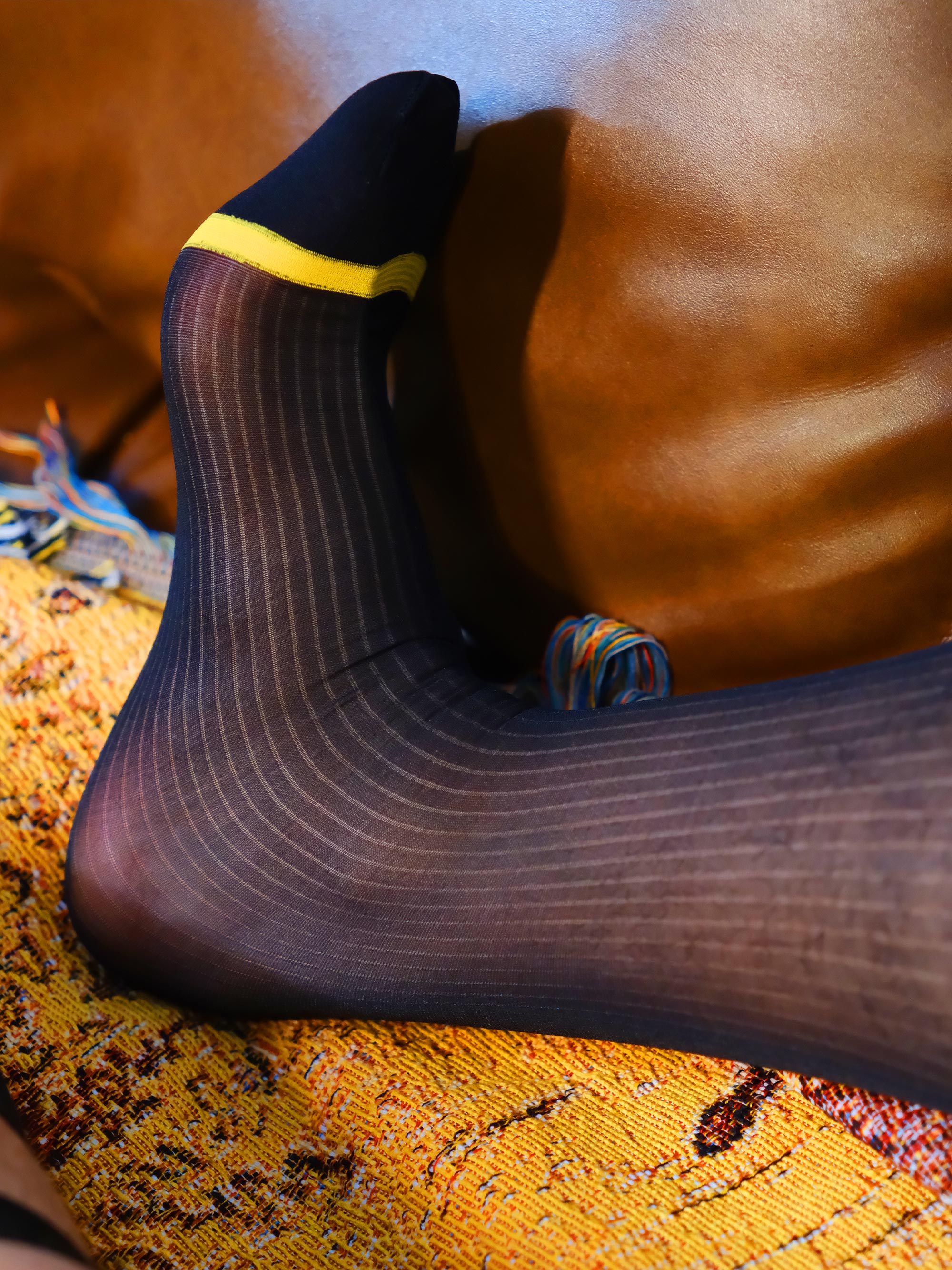 Gold Reinforced Toe Sheer Striped Men’s Nylon Socks – Breathable Silky Fit