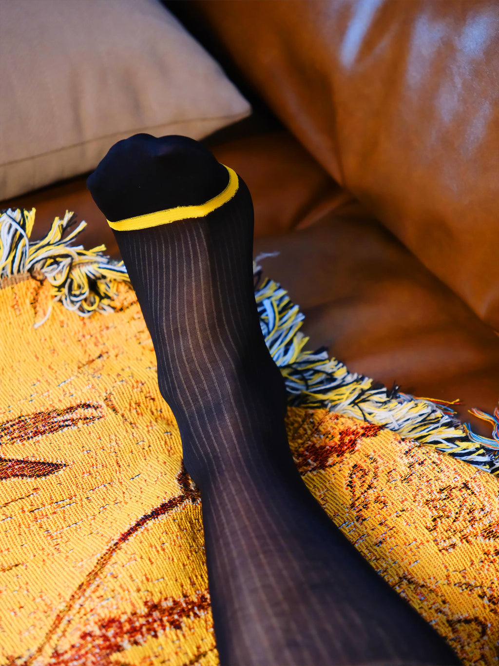 Gold Reinforced Toe Sheer Striped Men’s Nylon Socks – Breathable Silky Fit